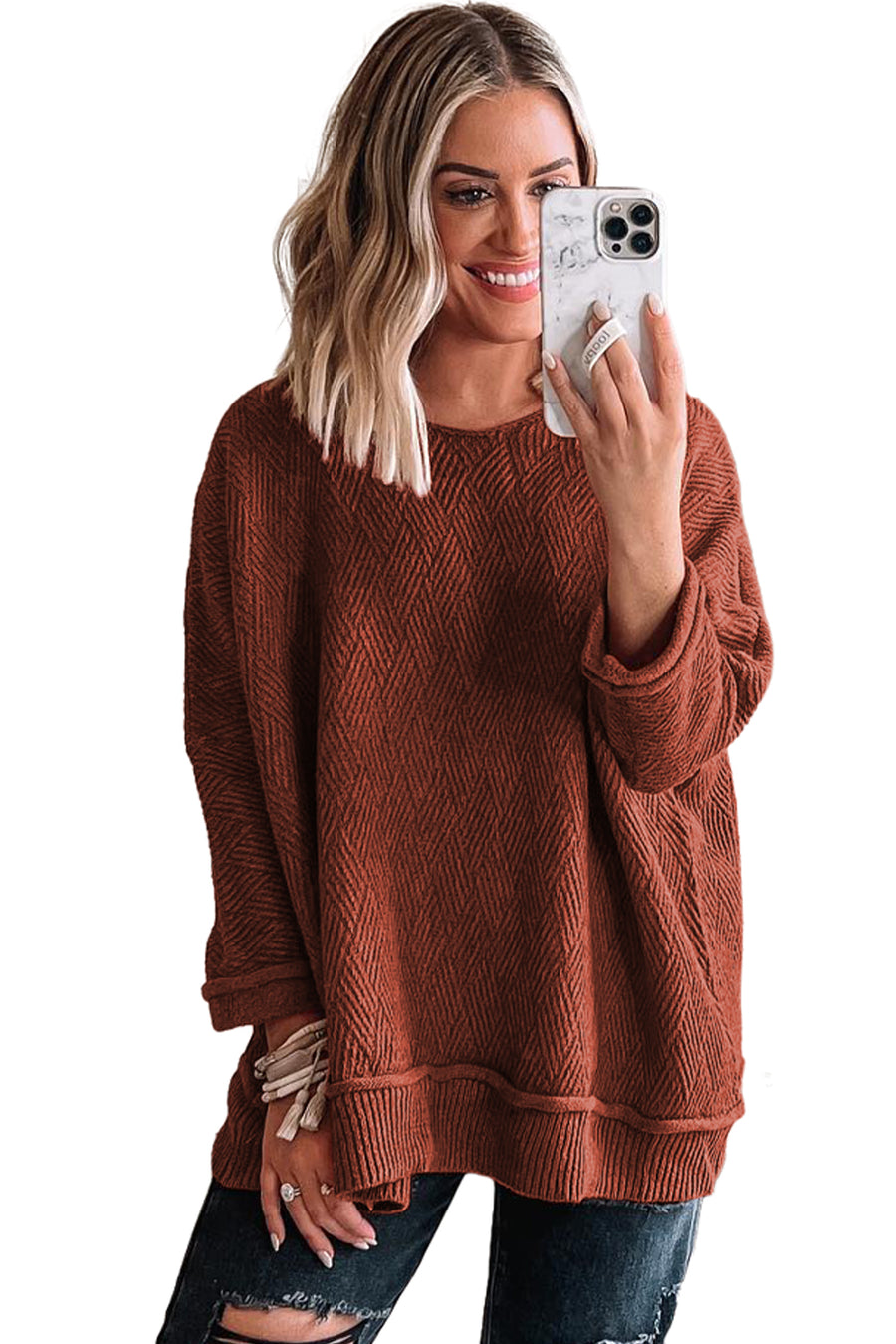 Brick Red Loose Crew Neck Textured Sweater