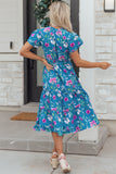 Blue Floral Flutter Sleeve Tie Neck Belted Midi Dress