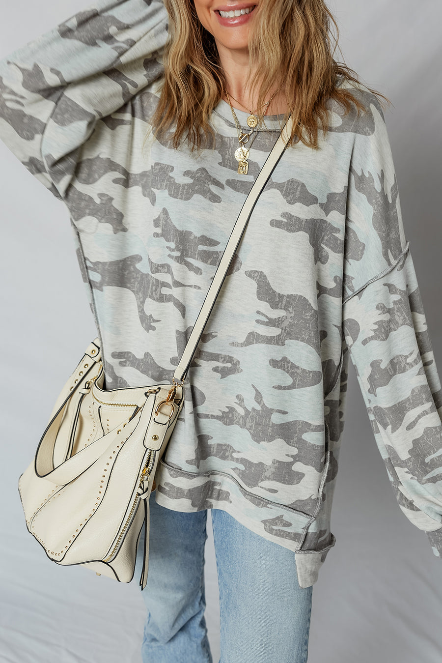 Camouflage Print Exposed Seam Drop Shoulder Sweatshirt- 2 Colors