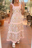 Pink Geometric Floral Print Striped Patchwork Detail Sleeveless Dress（Runs Small ）