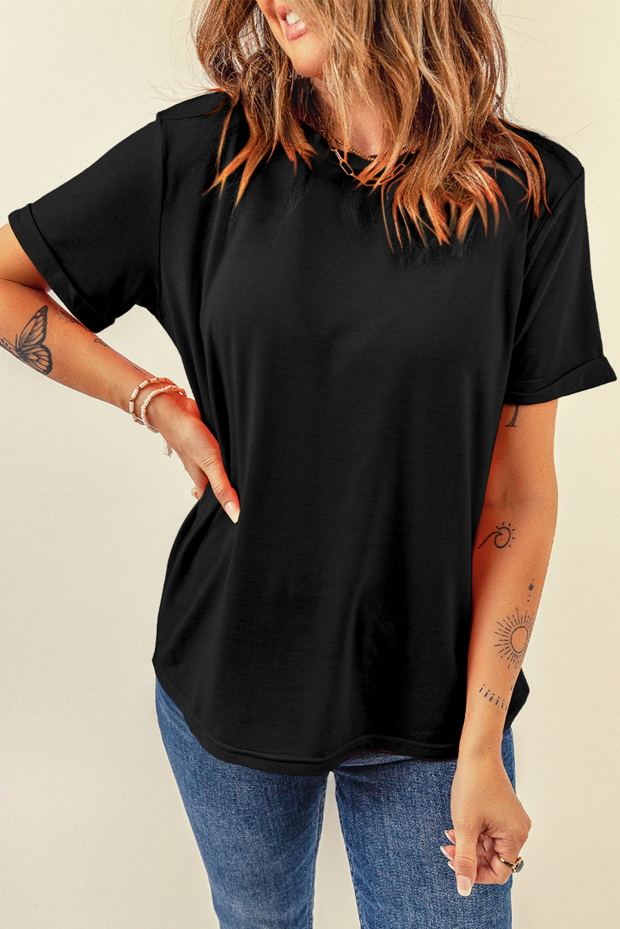 Basic Crew Neck Rolled Sleeve T-Shirt- 12 Colors