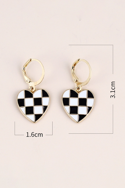 Black Checkered Heart Shaped Hoop Dangle Earrings