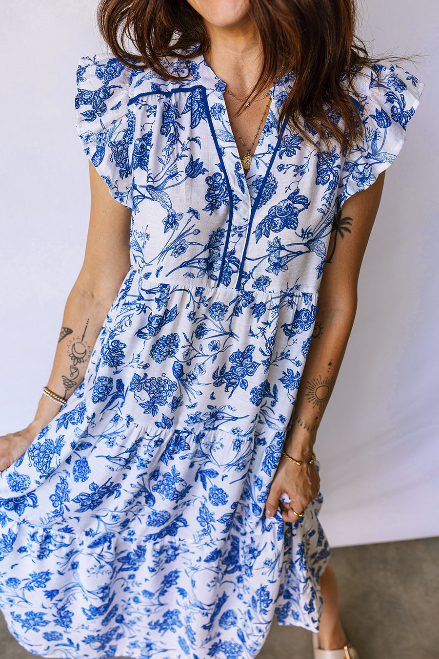 Blue Floral Ruffled Short Sleeve Tiered Midi Dress