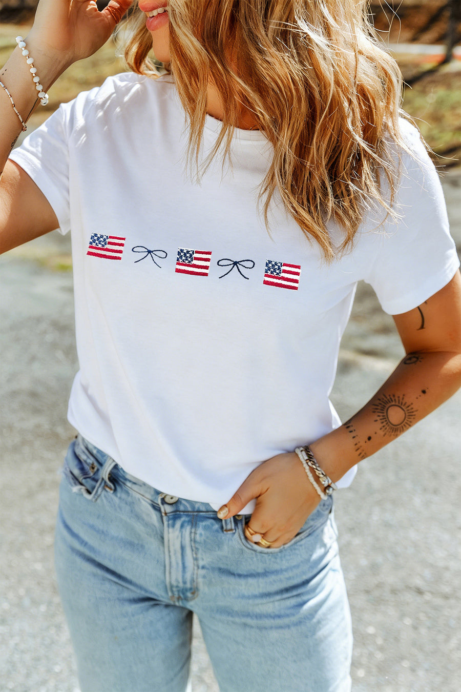 White Embroidered American Flags and Bows Short Sleeve T-Shirt