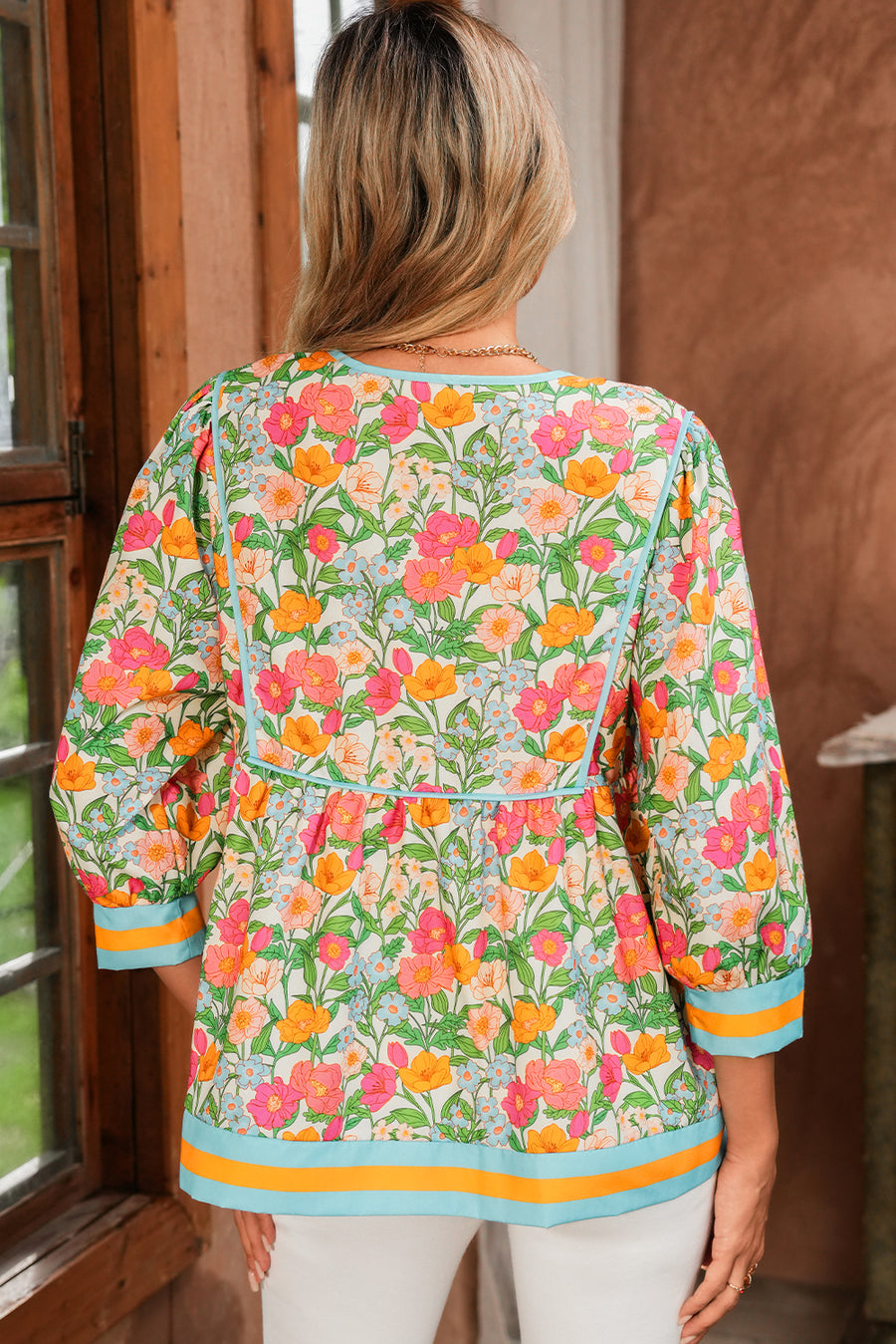 Green Floral Striped Trim Lantern Sleeve Tie Neck Blouse