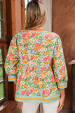 Green Floral Striped Trim Lantern Sleeve Tie Neck Blouse