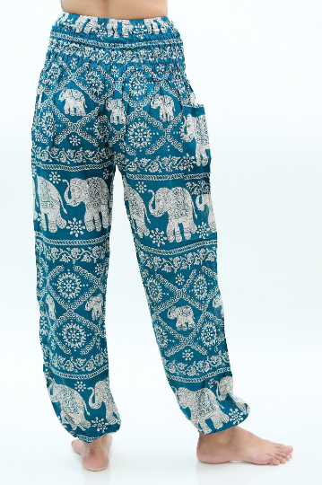 Unisex Bohemian Elephant Lattice Print Harem Pants- Teal