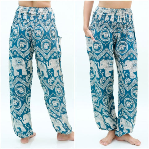 Unisex Bohemian Elephant Chevron Print Harem Pants- Teal