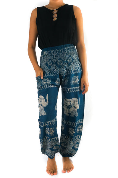 Unisex Bohemian Elephant Coil Print Harem Pants- Teal