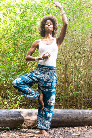 Unisex Bohemian Elephant Coil Print Harem Pants- Teal