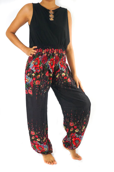 Unisex Bohemian Floral Harem Pants- Black Multi