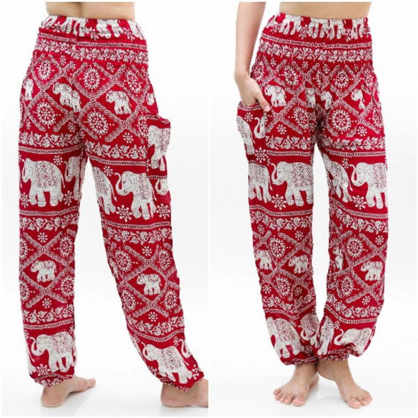 Unisex Bohemian Elephant Lattice Print Harem Pants- Burgundy