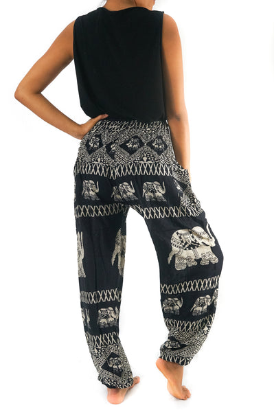 Unisex Bohemian Elephant Coil Print Harem Pants- Black