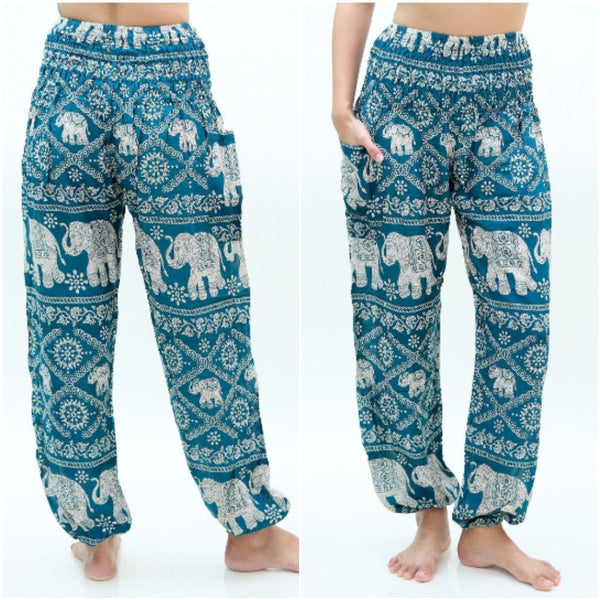 Unisex Bohemian Elephant Lattice Print Harem Pants- Teal