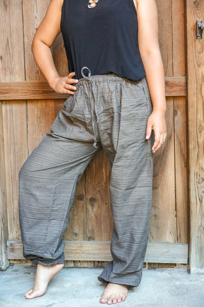 Bohemian Drawstring Slubbed Harem Pants- Gray