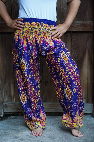 Unisex Bohemian Peacock Feather Paisley Harem Pants- Purple Multi