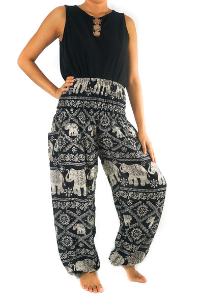 Unisex Bohemian Elephant Lattice Print Harem Pants- Black