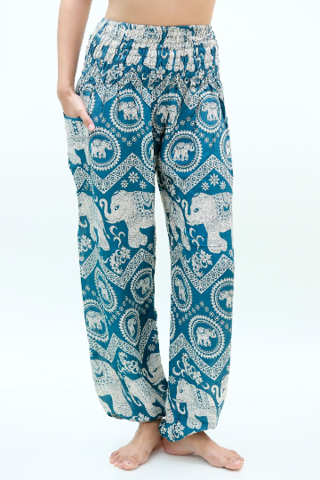 Unisex Bohemian Elephant Chevron Print Harem Pants- Teal