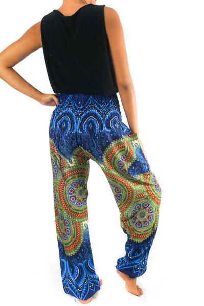 Unisex Bohemian Mandala Geometric Harem Pants- Blue/Green