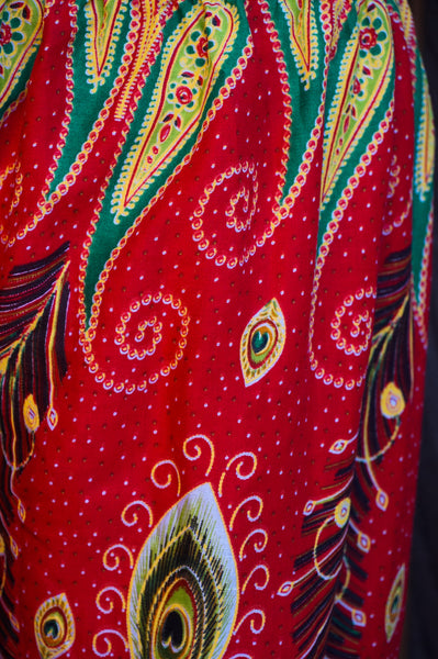 Unisex Bohemian Peacock Feather Paisley Harem Pants- Red Multi