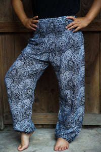 Unisex Bohemian Paisley Print Harem Pants- Black