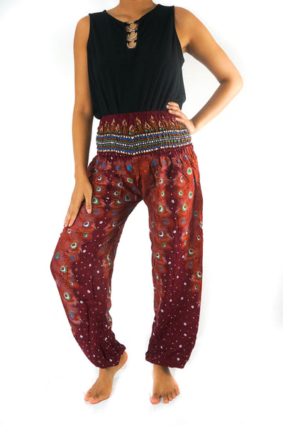 Unisex Bohemian Peacock Feather Motif Harem Pants- Burgundy