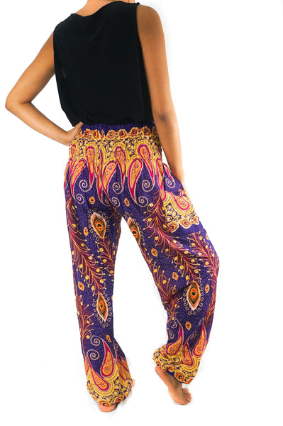 Unisex Bohemian Peacock Feather Paisley Harem Pants- Purple Multi