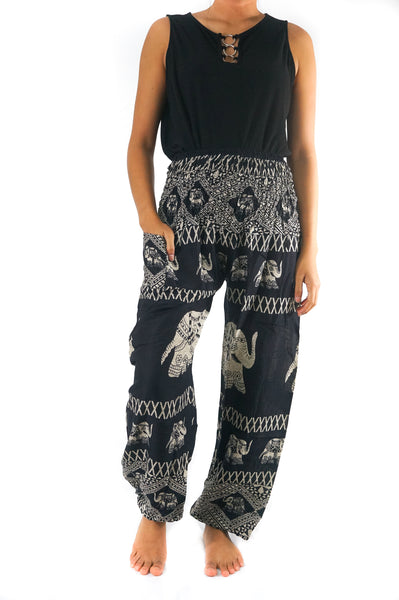 Unisex Bohemian Elephant Coil Print Harem Pants- Black