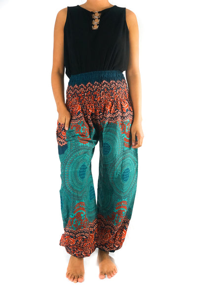 Unisex Bohemian Mandala Floral Harem Pants- Teal/Orange