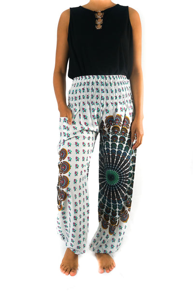 Unisex Bohemian Chakra Harem Pants- White Multi