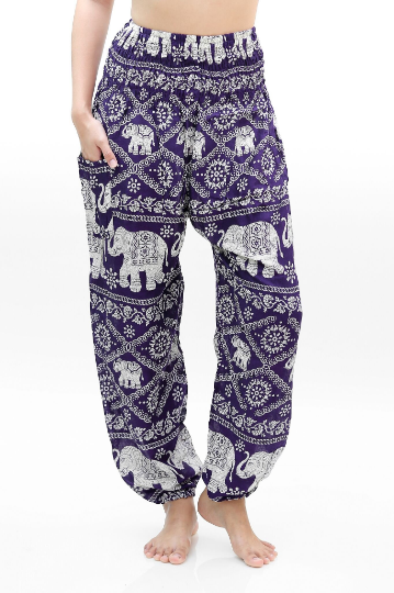 Unisex Bohemian Elephant Lattice Print Harem Pants- Purple