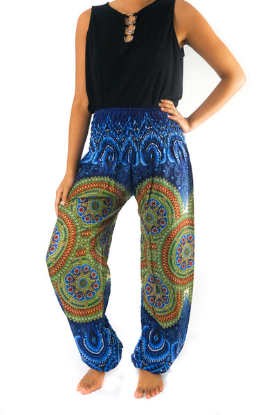 Unisex Bohemian Mandala Geometric Harem Pants- Blue/Green