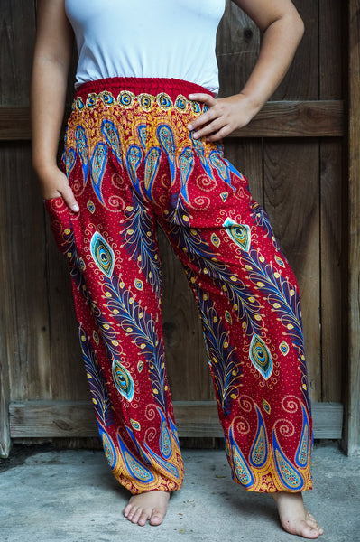 Unisex Bohemian Peacock Feather Paisley Harem Pants- Burgundy Multi