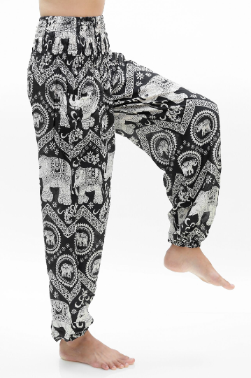 Unisex Bohemian Elephant Chevron Print Harem Pants- Black