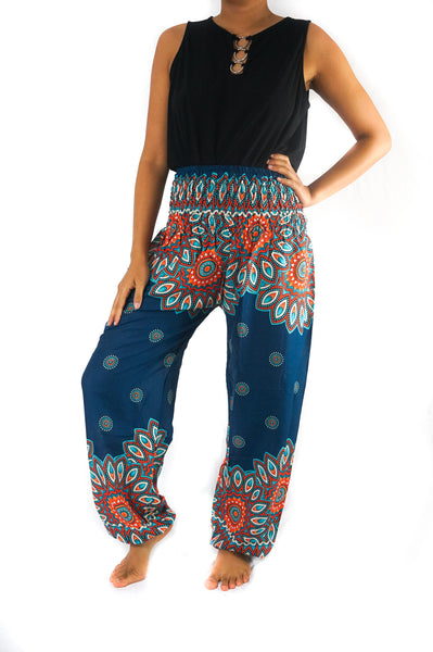 Unisex Bohemian Mandala Floral Medallion Harem Pants- Teal/Orange