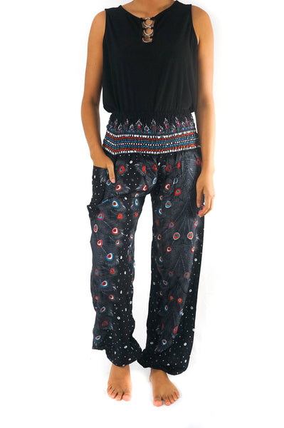 Unisex Bohemian Peacock Feather Motif Harem Pants- Black Multi