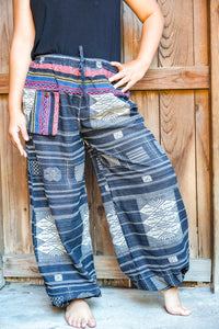 Bohemian Drawstring Slubbed Harem Pants- Rainbow/Neutral Multi