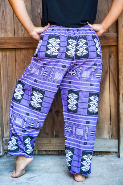 Bohemian Tribal Drawstring Slubbed Harem Pants- Purple Multi