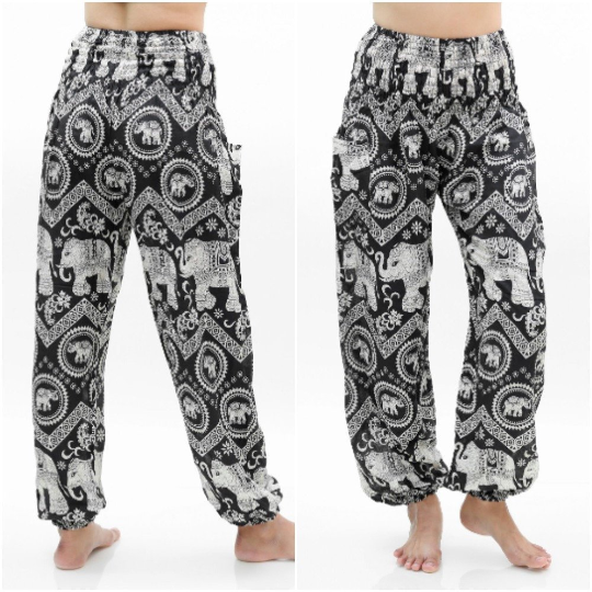 Unisex Bohemian Elephant Chevron Print Harem Pants- Black