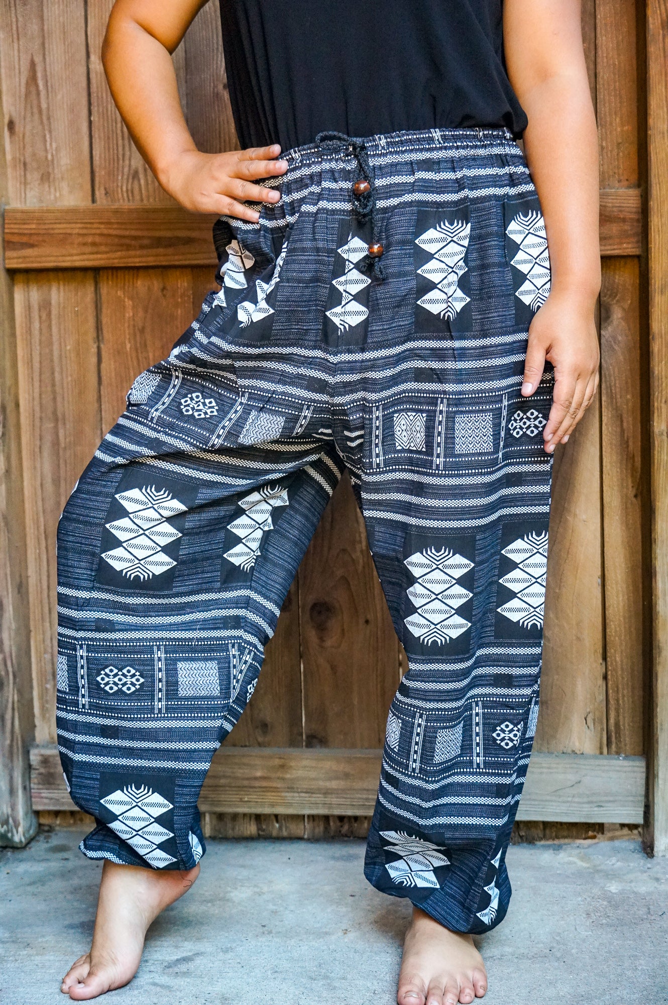 Bohemian Tribal Drawstring Slubbed Harem Pants- Blue/Gray Multi