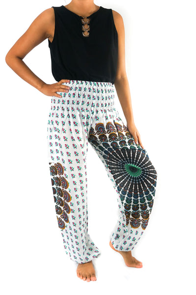 Unisex Bohemian Chakra Harem Pants- White Multi