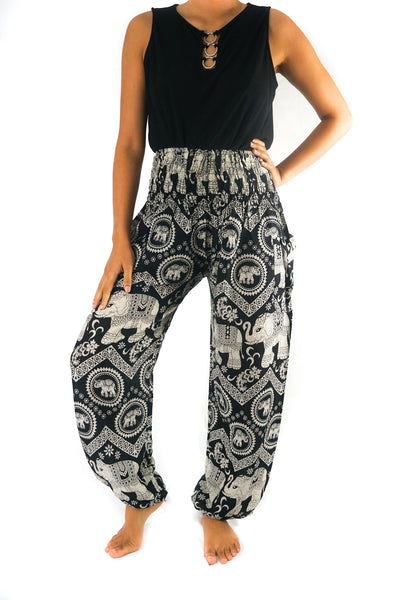 Unisex Bohemian Elephant Chevron Print Harem Pants- Black