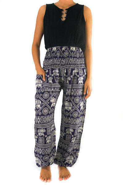 Unisex Bohemian Elephant Diamond Print Harem Pants- Purple
