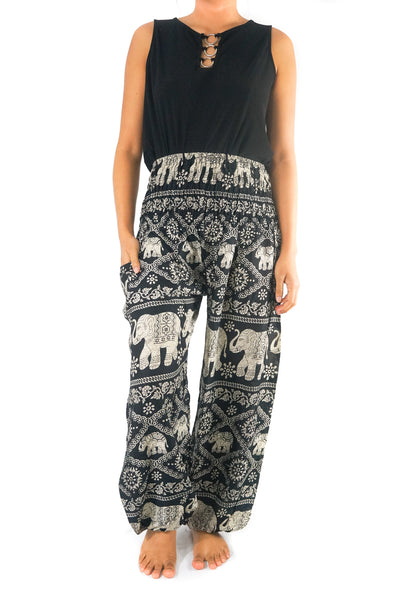 Unisex Bohemian Elephant Lattice Print Harem Pants- Black