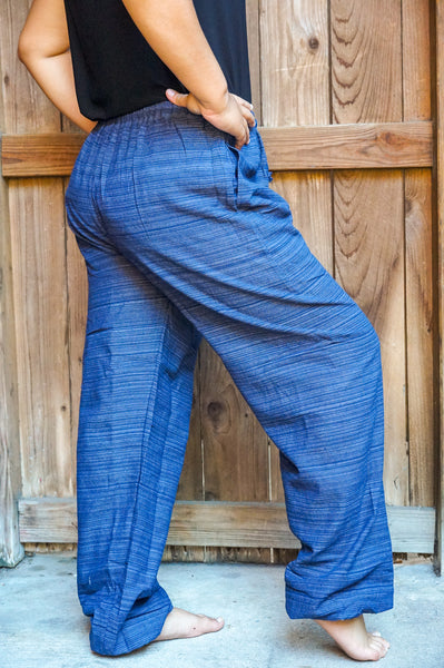 Bohemian Drawstring Slubbed Harem Pants- Medium Blue