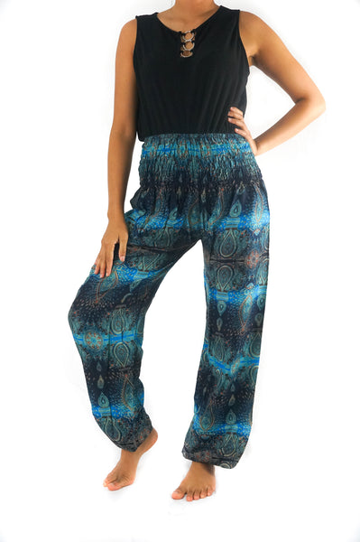 Unisex Bohemian Paisley Harem Pants- Turquoise/Black