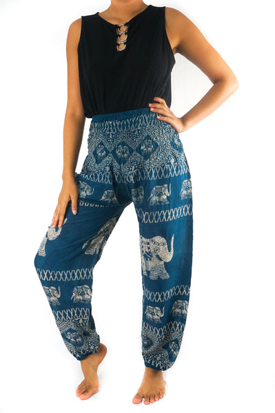 Unisex Bohemian Elephant Coil Print Harem Pants- Teal