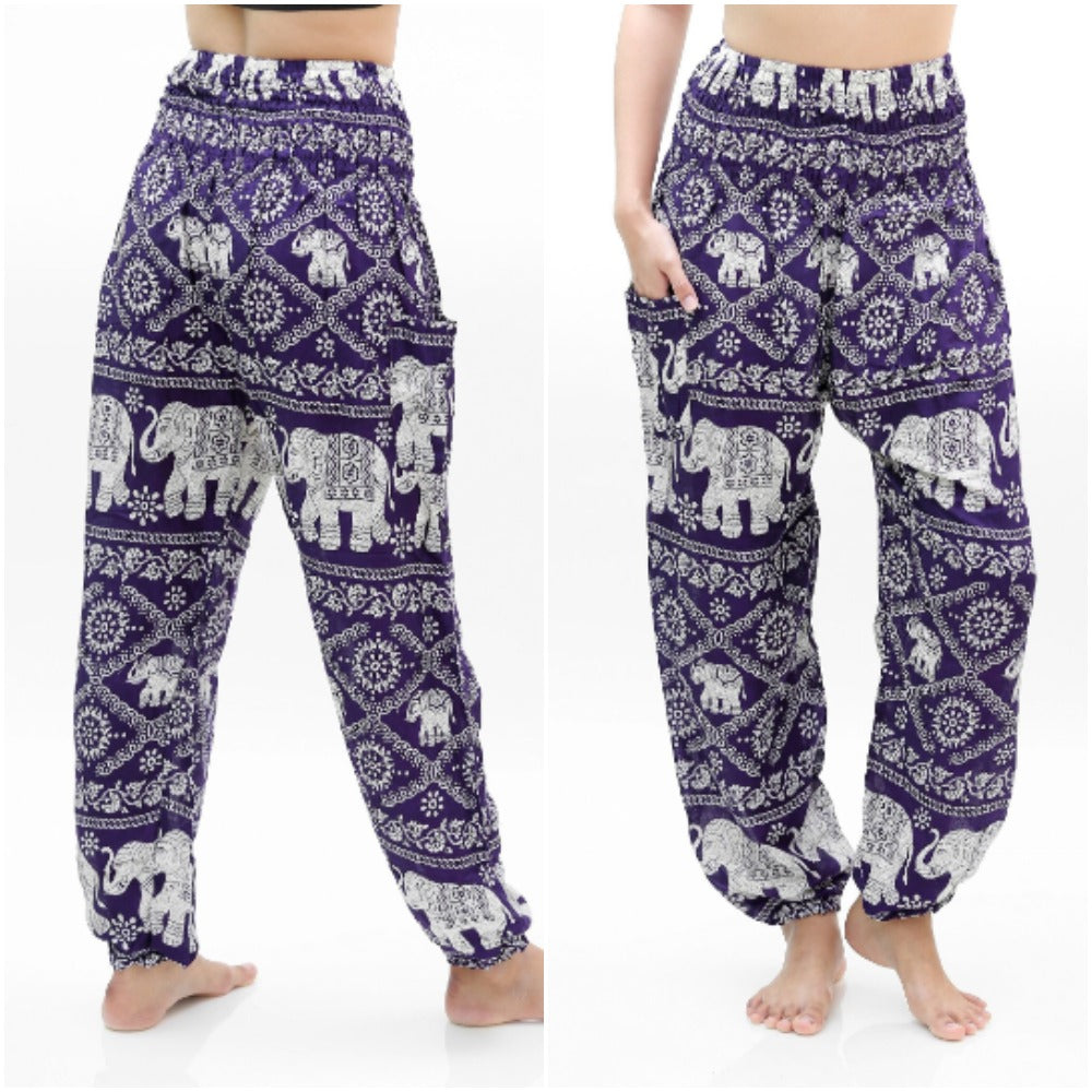 Unisex Bohemian Elephant Lattice Print Harem Pants- Purple