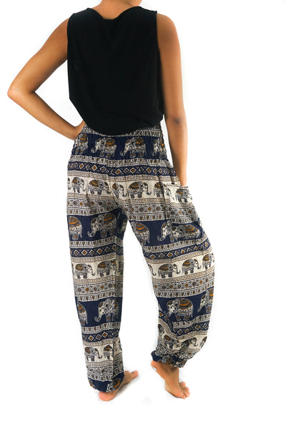 Unisex Bohemian Elephant Tribal Harem Pants- Navy/Cream