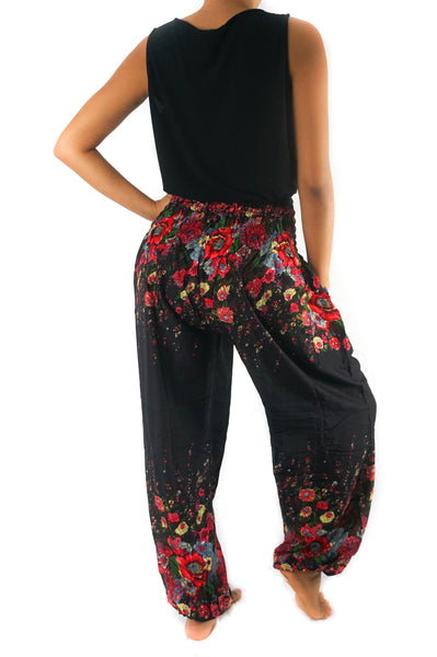 Unisex Bohemian Floral Harem Pants- Black Multi